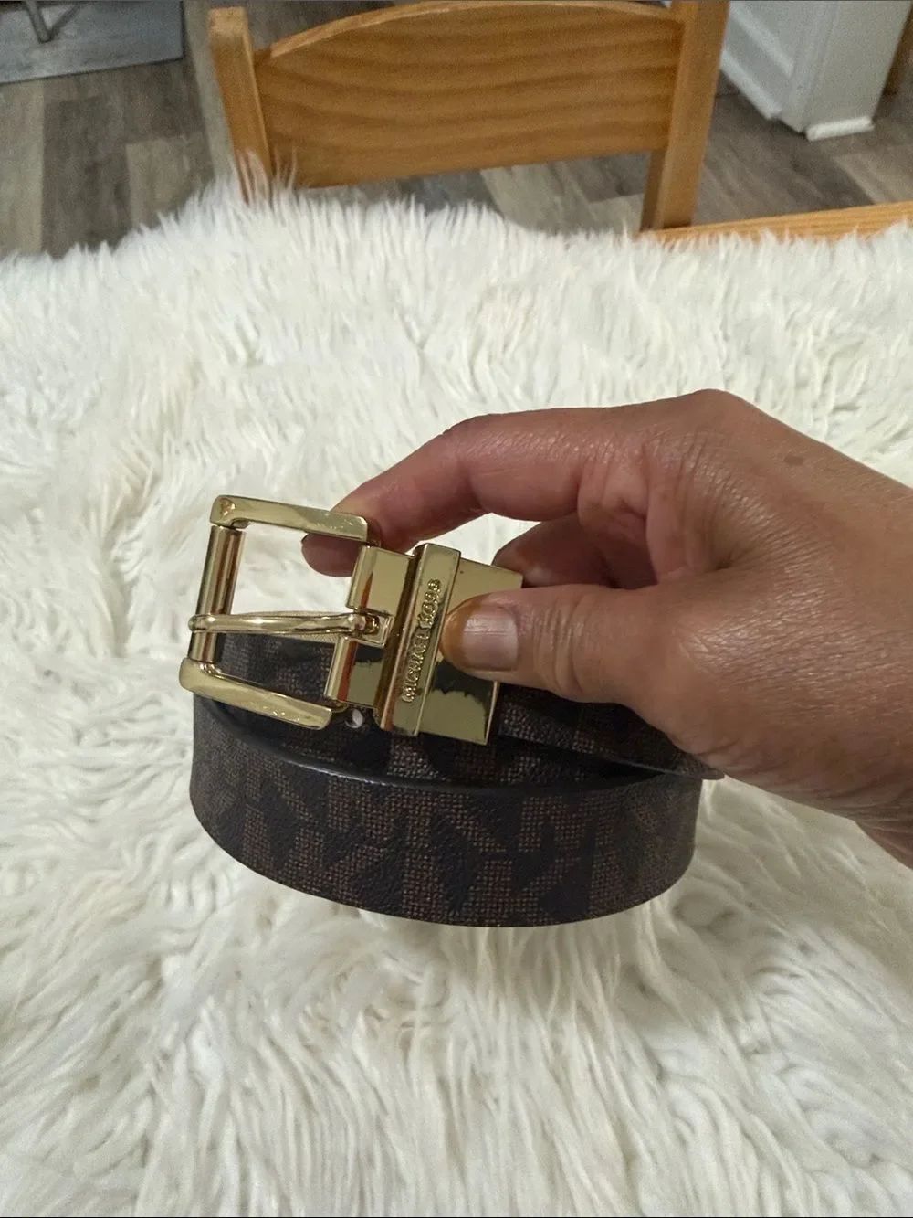 Michael Kors Brown Monogram Leather Belt with Gold Buckle Size Medium